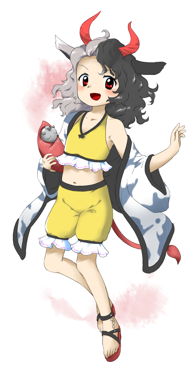1girl :d alternate_breast_size animal_ears animal_print black_hair chain cow_ears cow_girl cow_horns cow_print cow_tail flat_chest full_body grey_hair haori highres horns japanese_clothes medium_hair multicolored_hair navel nonamejd official_style open_mouth red_eyes red_horns red_tail sandals shorts smile solo split-color_hair tail touhou ushizaki_urumi yellow_shorts zun_(style)