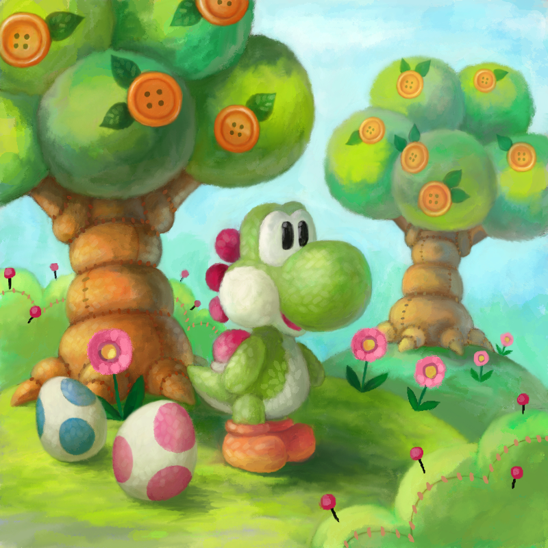 black_eyes blue_sky bush commentary cortoony day english_commentary flower food fruit fruit_tree grass hill no_humans open_mouth orange_footwear outdoors pink_flower sewing_pin shoes sky smile solo standing super_mario_bros. tree yoshi yoshi's_woolly_world