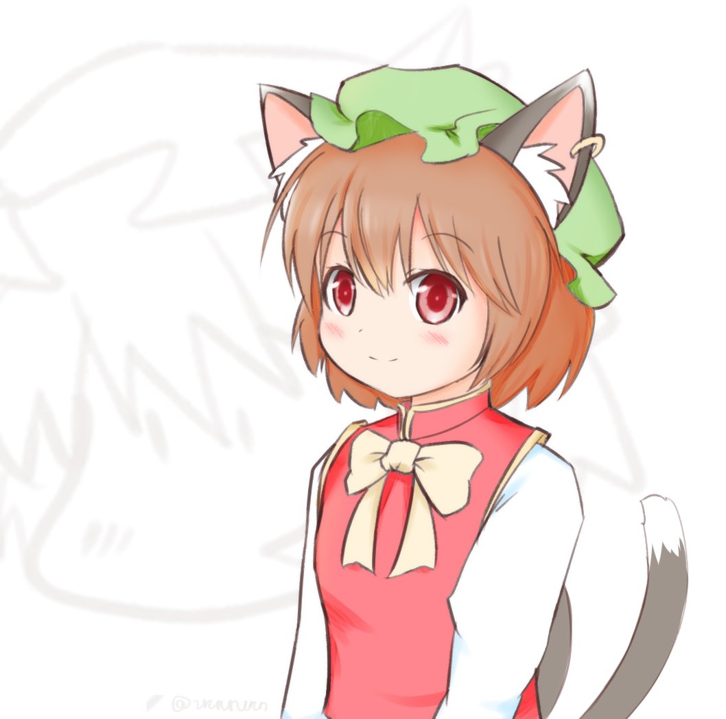 1girl animal_ear_piercing animal_ears blush bow bowtie brown_hair cat_ears cat_tail chen closed_mouth earrings flat_chest gold_trim green_headwear hair_between_eyes hat jewelry light_smile long_sleeves looking_ahead mob_cap multiple_tails nekomata red_eyes red_vest short_hair simple_background single_earring solo split_mouth tail touhou two_tails upper_body uru_(uru0301) vest white_background white_bow white_bowtie