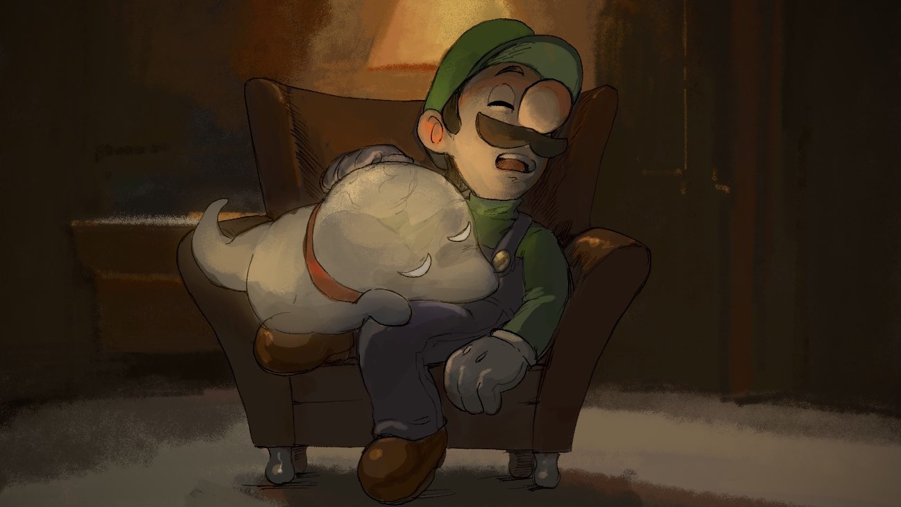 1boy armchair blue_overalls blue_pants blurry blurry_background brown_footwear brown_hair chair closed_eyes commentary_request dog facial_hair ghost gloves green_headwear green_shirt hand_up hat indoors lamp long_sleeves luigi luigi's_mansion mustache open_mouth overalls pants polterpup rinabee_(rinabele0120) shirt shoes short_hair sitting sleeping sleeping_upright super_mario_bros. teeth u_u upper_teeth_only white_gloves