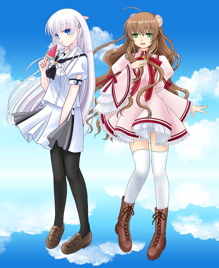 2girls ahoge arm_at_side ascot black_ascot black_pantyhose blue_eyes blue_sky boots braid brown_footwear brown_hair clouds commentary_request company_connection cross-laced_footwear crossover dress floating_hair flower food frilled_dress frilled_sleeves frills full_body green_eyes hair_between_eyes hair_flower hair_ornament hairclip hand_up holding holding_food holding_popsicle juliet_sleeves kanbe_kotori kazamatsuri_institute_high_school_uniform key_(company) loafers long_hair long_sleeves looking_at_viewer multiple_girls naruse_shiroha neck_ribbon open_mouth pantyhose parted_lips pink_dress popsicle puffy_short_sleeves puffy_sleeves red_ribbon rewrite ribbon sailor_collar school_uniform shirt shoes short_dress short_sleeves skirt sky smile standing straight_hair summer_pockets thigh-highs twin_braids twitter_username very_long_hair watermelon_bar wavy_hair white_flower white_hair white_sailor_collar white_shirt white_skirt white_thighhighs wide_sleeves yukiyuki_(myyukiproject)