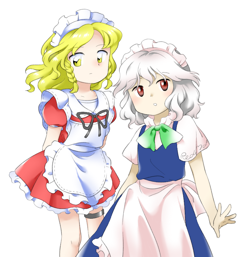 2girls :o apron arms_behind_back black_ribbon blonde_hair blue_dress bow bowtie braid closed_mouth dress flat_chest frilled_apron frills frown green_bow green_bowtie grey_hair izayoi_sakuya maid maid_apron maid_headdress multiple_girls nonamejd official_style pinafore_dress puffy_short_sleeves puffy_sleeves red_dress red_eyes ribbon shirt short_hair short_sleeves simple_background sleeveless sleeveless_dress touhou touhou_(pc-98) twin_braids waist_apron white_apron white_background white_shirt yellow_eyes yumeko_(touhou) zun_(style)