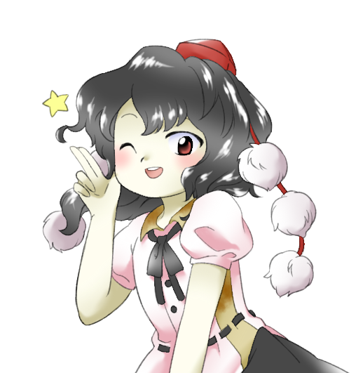 1girl ;d black_hair black_ribbon buttons collared_shirt dress_shirt flat_chest hand_up hat medium_hair neck_ribbon nonamejd official_style one_eye_closed open_mouth puffy_short_sleeves puffy_sleeves red_eyes red_headwear ribbon shameimaru_aya shirt short_sleeves smile solo star_(symbol) teeth tokin_hat touhou upper_teeth_only zun_(style)