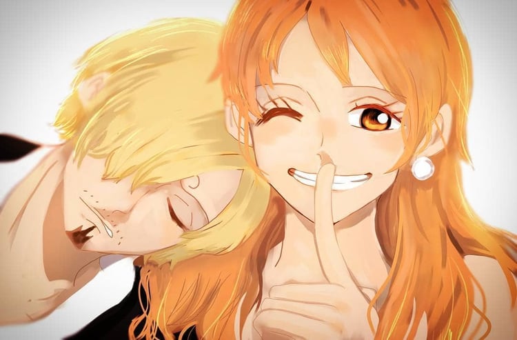 1boy 1girl bad_id bad_pixiv_id blonde_hair clenched_teeth closed_eyes earrings facial_hair goatee hair_over_one_eye hakubann head_on_another's_shoulder index_finger_raised jewelry long_hair looking_at_viewer nami_(one_piece) one_eye_closed one_eye_covered one_piece orange_eyes orange_hair pearl_earrings sanji_(one_piece) short_hair simple_background sleeping smile teeth