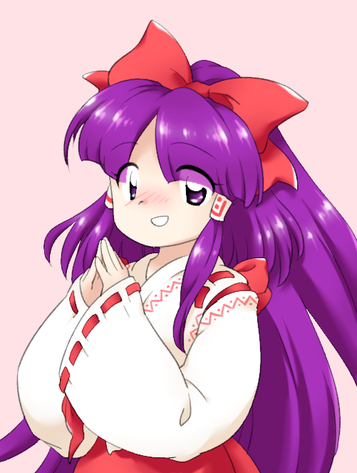 1girl :d blush bow eyes_visible_through_hair hair_bow hair_tubes hakurei_reimu hakurei_reimu_(pc-98) hands_up japanese_clothes kimono long_hair long_sleeves miko nonamejd nose_blush official_style parted_bangs pink_background purple_hair red_bow ribbon-trimmed_sleeves ribbon_trim simple_background smile solo steepled_fingers touhou touhou_(pc-98) very_long_hair violet_eyes white_kimono wide_sleeves zun_(style)