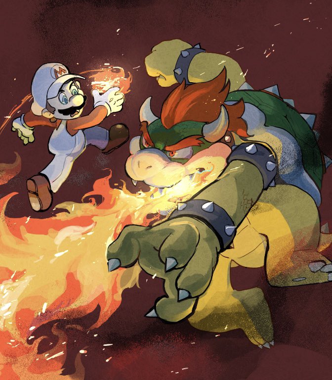 2boys arm_up armlet blue_eyes bowser bracelet breathing_fire brown_footwear brown_hair claws clenched_hand collar commentary_request facial_hair fighting fire fire_mario gloves hat horns jewelry long_sleeves looking_at_another mario multiple_boys mustache open_mouth outstretched_arm overalls pants red_background red_eyes red_shirt redhead rinabee_(rinabele0120) sharp_teeth shirt shoes short_hair simple_background spiked_armlet spiked_bracelet spiked_collar spiked_shell spiked_tail spikes super_mario_bros. tail teeth turtle_shell v-shaped_eyebrows white_gloves white_headwear white_overalls white_pants