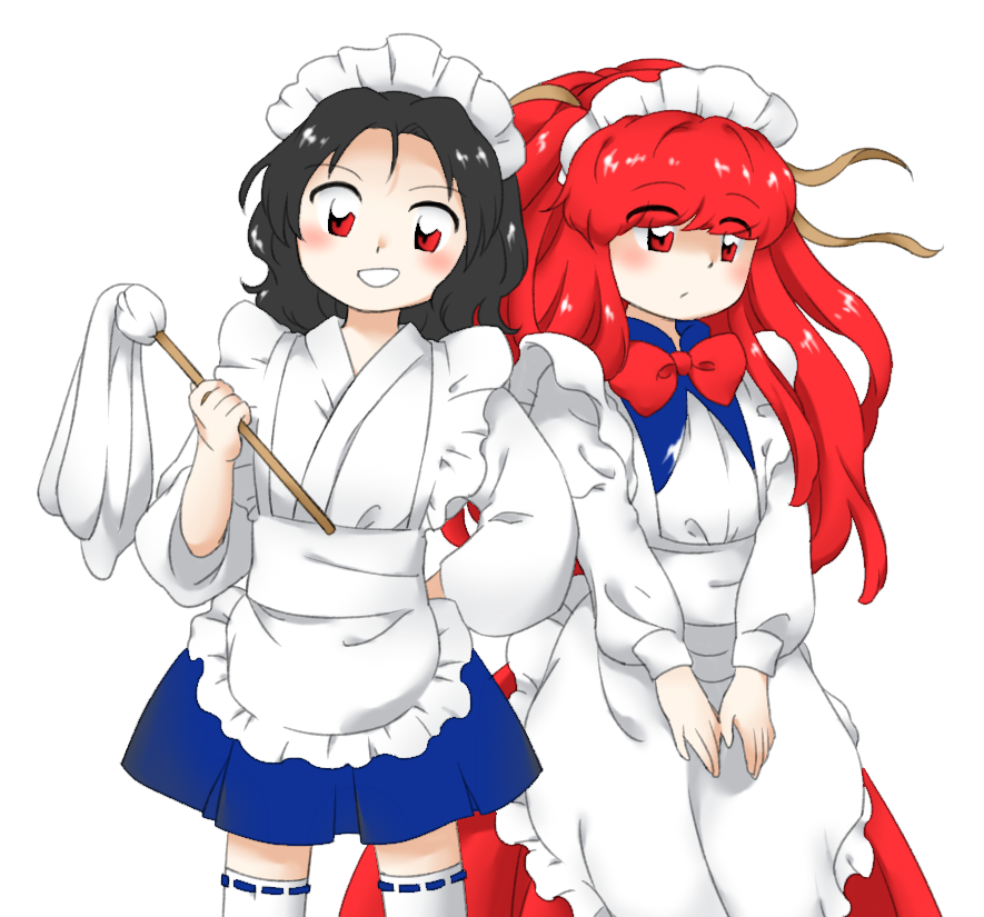 1boy 1girl :d apron black_hair blue_skirt bow bowtie brown_horns crossdressing eyes_visible_through_hair horns japanese_clothes kimono long_hair long_sleeves looking_at_viewer maid maid_headdress multiple_horns nonamejd official_style puffy_long_sleeves puffy_sleeves red_bow red_bowtie red_eyes redhead ribbon-trimmed_thighhighs shingyoku_(female) shingyoku_(male) shingyoku_(touhou) short_hair simple_background skirt smile thigh-highs touhou touhou_(pc-98) v_arms wa_maid white_apron white_background white_kimono white_thighhighs zettai_ryouiki zun_(style)