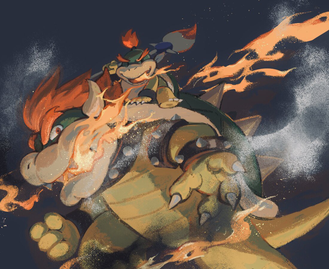 2boys armlet bandana bowser bowser_jr. bracelet breathing_fire claws collar commentary_request father_and_son fire grey_background holding holding_paintbrush horns jewelry looking_at_viewer male_focus multiple_boys open_mouth paintbrush red_eyes redhead rinabee_(rinabele0120) sharp_teeth simple_background smile smoke spiked_armlet spiked_bracelet spiked_collar spiked_shell spikes standing super_mario_bros. teeth topknot turtle_shell v-shaped_eyebrows white_bandana