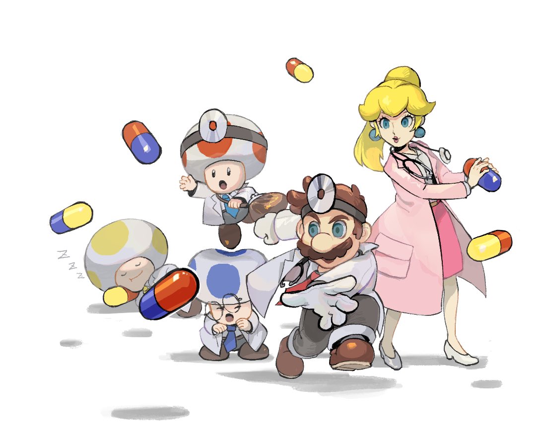 1girl 4boys :o arm_up blonde_hair blue_eyes blue_necktie blue_toad_(mario) brown_footwear brown_hair clenched_hand closed_eyes closed_mouth coat collared_shirt commentary dr._mario dr._mario_(game) dr._mario_world dr._peach dr._toad_(mario) earrings english_commentary eyelashes facial_hair glasses gloves grey_pants head_mirror high_heels high_ponytail holding_pill jewelry lab_coat lips long_hair long_sleeves lying mario multiple_boys mustache necktie on_side open_clothes open_coat open_mouth outstretched_arm pants pencil_skirt pill pink_coat pink_skirt ponytail princess_peach red_necktie red_toad_(mario) rinabee_(rinabele0120) round_eyewear shirt shirt_tucked_in shoes short_hair sidelocks simple_background skirt sleeping smile sphere_earrings standing stethoscope super_mario_bros. toad_(mario) u_u white_background white_coat white_footwear white_gloves white_shirt yellow_necktie yellow_toad_(mario) zzz