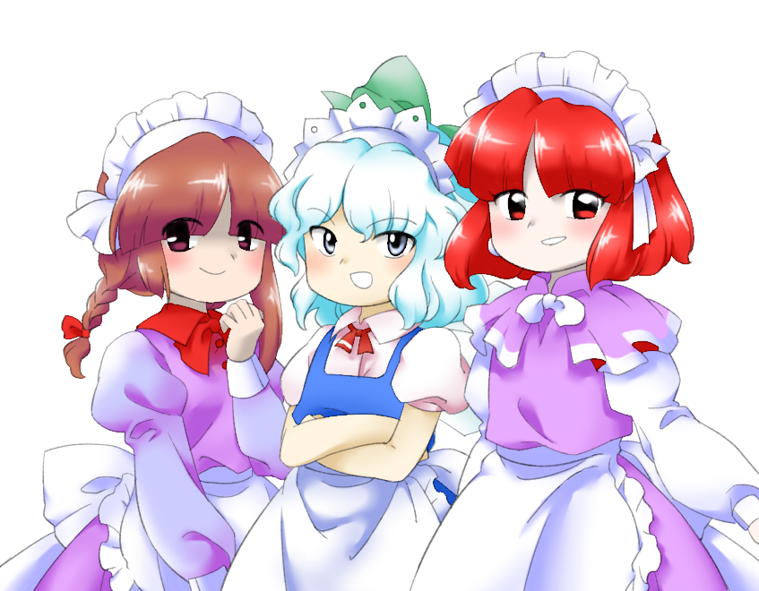 3girls :d apron back_bow blue_dress blue_eyes blue_hair bow bowtie braid brown_eyes brown_hair capelet cirno closed_mouth collared_shirt crossed_arms dress eyes_visible_through_hair fairy flat_chest green_bow hair_bow hand_up ice ice_wings juliet_sleeves kirisame_marisa kirisame_marisa_(pc-98) light_blue_hair long_sleeves maid_apron multiple_girls neck_ribbon nonamejd official_style parted_bangs pinafore_dress puffy_sleeves purple_capelet purple_dress red_bow red_bowtie red_eyes red_ribbon redhead ribbon rika_(touhou) shirt short_hair simple_background sleeveless sleeveless_dress smile touhou touhou_(pc-98) twin_braids waist_apron white_apron white_background white_bow white_bowtie white_shirt white_trim wings zun_(style)