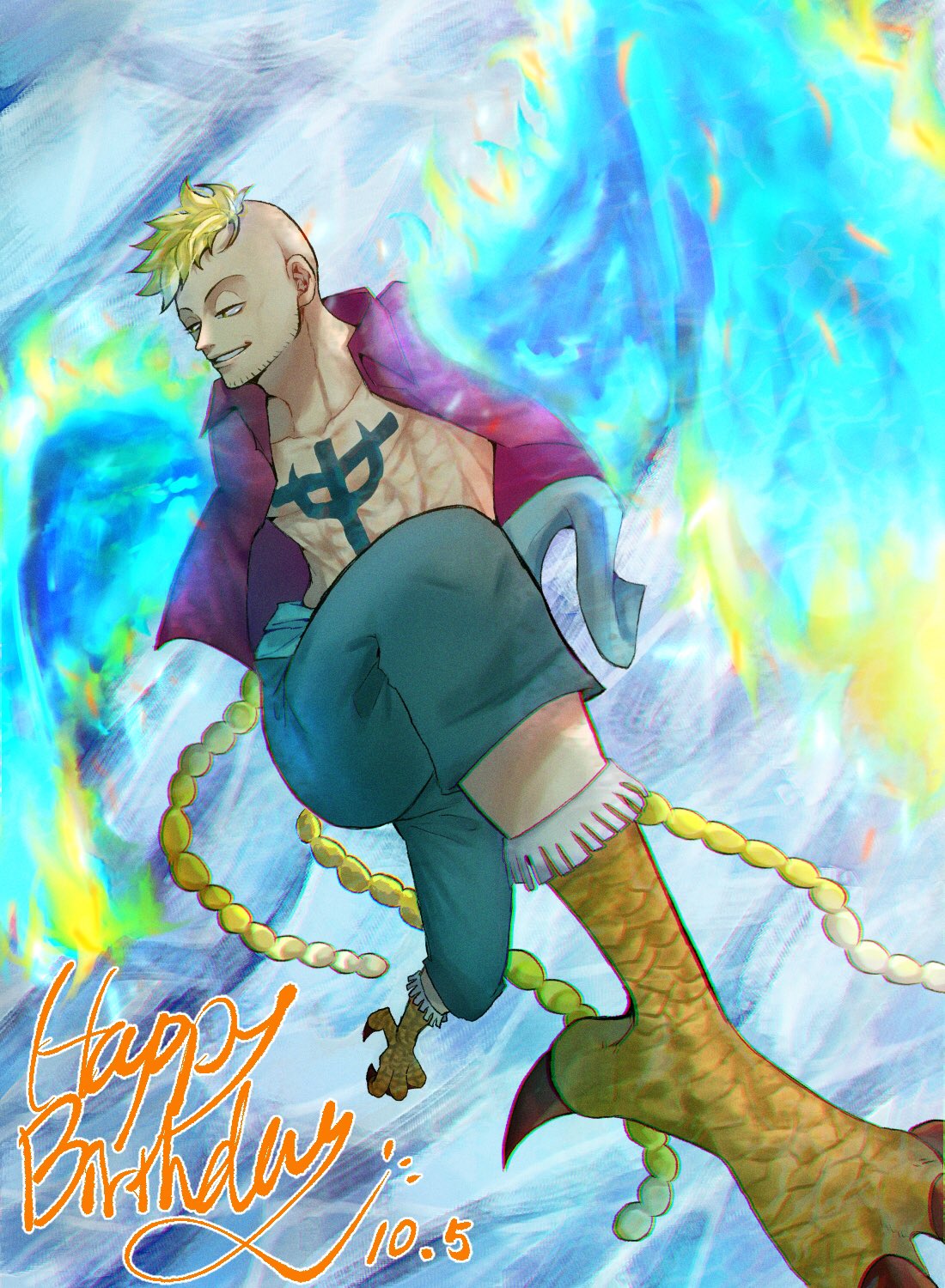 1boy ajtm007 animal_feet beard blonde_hair blue_pants blue_sash blue_theme commentary_request facial_hair fiery_wings happy_birthday harpy_boy highres looking_to_the_side male_focus marco_(one_piece) monster_boy one_piece pants purple_shirt sash shirt solo wings