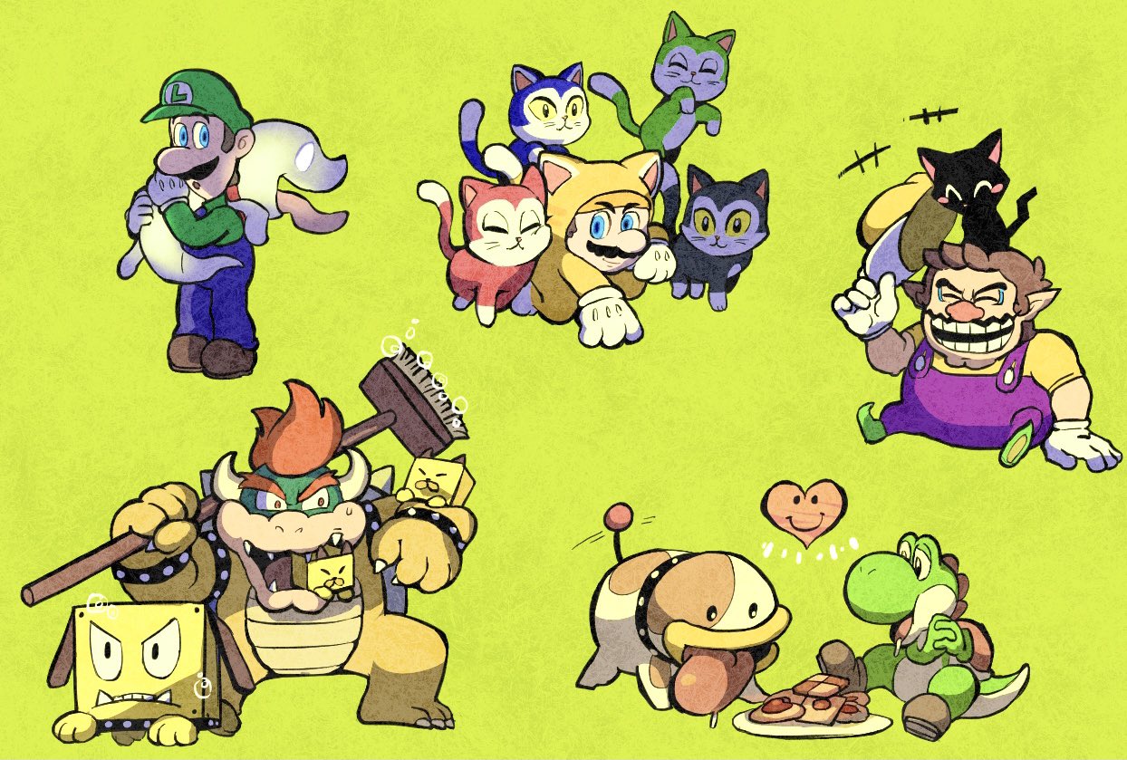 +++ 4boys :3 :o ^_^ all_fours animal_costume animal_on_head armlet black_cat blitty_(mario) blue_eyes blue_overalls blue_pants bowser bracelet broggy_(mario) brown_footwear brown_hair bubble cat cat_costume cat_mario cat_on_head checkerboard_cookie claws cleft_chin closed_eyes closed_mouth collar commentary_request cookie dog drooling facial_hair food ghost gloves green_background green_footwear green_headwear green_shirt hand_up hands_up hat heart holding holding_clothes holding_hat holding_mop horns jewelry jumping kitten_(mario) long_sleeves long_tongue looking_at_viewer luigi luigi's_mansion mario mario_&amp;_luigi:_bowser's_inside_story mario_&amp;_luigi_rpg mop motion_lines mouth_hold multiple_boys mustache on_head open_mouth overalls own_hands_together pants plate polterpup poochy_(yoshi's_island) princess_shokora purple_overalls purple_pants red_eyes redhead rinabee_(rinabele0120) saliva sharp_teeth shirt shoes short_hair short_sleeves simple_background sitting smile smiley_face smirk soap_bubbles spiked_armlet spiked_bracelet spiked_shell spikes super_mario_3d_world super_mario_bros. sweatdrop tail tail_wagging teeth thumbprint_cookie tongue tongue_out turtle_shell unworn_hat unworn_headwear v-shaped_eyebrows wario wario_land wario_land_4 white_gloves yellow_eyes yellow_headwear yellow_shirt yoshi