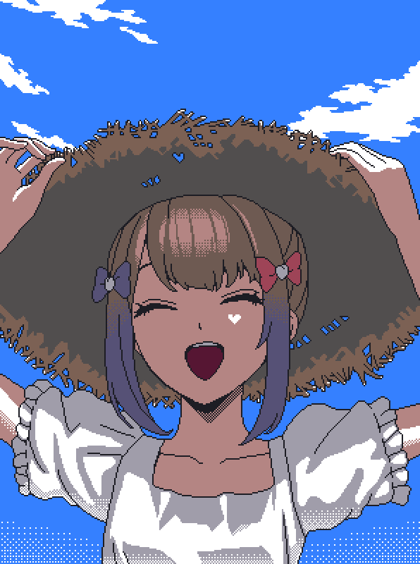 1girl :d ^_^ blonde_hair blue_sky chouzetsusaikawa_tenshi-chan closed_eyes clouds day dress eencya facing_viewer hair_ornament hat heart needy_girl_overdose official_art open_mouth outdoors pixel_art second-party_source sky smile solo straw_hat sun_hat sundress upper_body