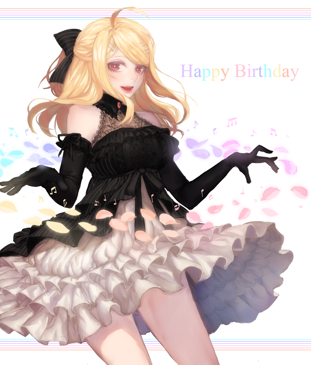 1girl ahoge akamatsu_kaede alternate_costume birthday black_bow black_collar black_fur black_gloves black_ribbon blonde_hair bow circle_skirt collar collared_dress commentary_request cowboy_shot danganronpa_(series) danganronpa_v3:_killing_harmony dress elbow_gloves floral_print frilled_skirt frills gem gloves hair_bow hair_ornament happy_birthday high_collar highres kogarashi_8 lace-trimmed_dress lace_trim long_hair looking_at_viewer miniskirt musical_note musical_note_hair_ornament open_mouth partial_commentary petals pink_eyes red_gemstone ribbon simple_background skirt smile solo striped_bow waist_bow white_background white_skirt