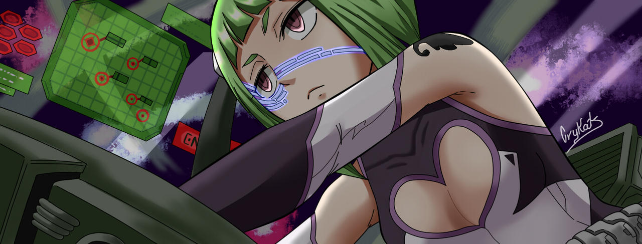 1girl breasts cleavage_cutout clothing_cutout colorized eden's_zero green_hair kleene_(eden's_zero) non-web_source red_eyes short_hair small_breasts