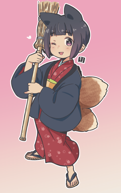 1girl ;d animal_ears bamboo_broom black_hair blush broom brown_footwear brown_hair commentary_request fox_ears fox_girl fox_tail full_body gradient_background gradient_hair holding holding_broom japanese_clothes kimono kitsune kukuri_(mawaru) long_sleeves looking_at_viewer mawaru_(mawaru) multicolored_hair obi one_eye_closed open_clothes original pink_background red_kimono sash short_hair smile solo standing tail violet_eyes wide_sleeves zouri