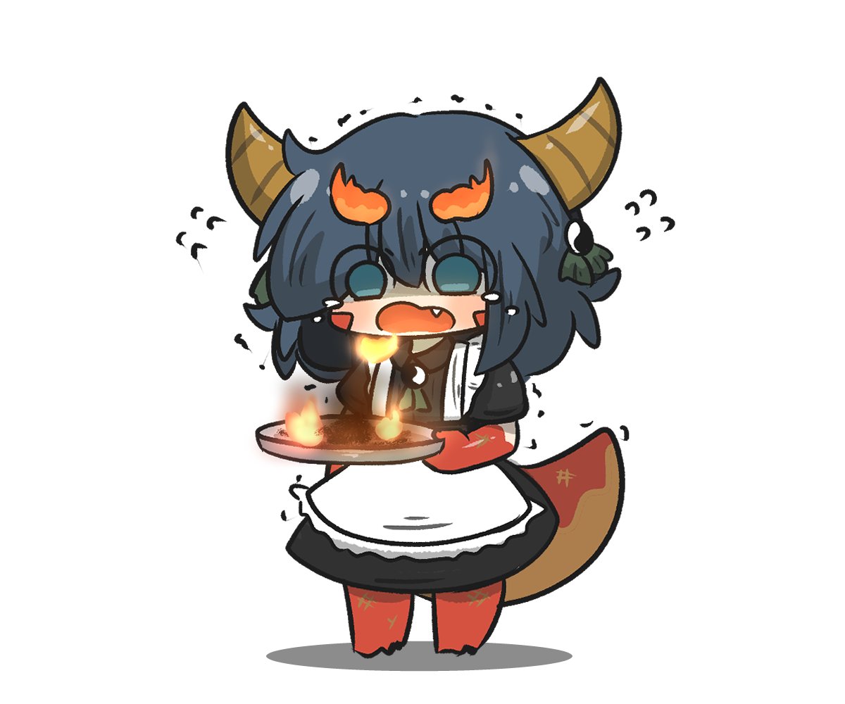 1girl apron black_dress black_hair blue_eyes chibi collared_dress commentary_request dragon_girl dragon_horns dragon_tail dress fang fiery_eyebrows fire flying_sweatdrops full_body hair_between_eyes holding holding_tray horns maid open_mouth original puffy_short_sleeves puffy_sleeves shadow short_sleeves simple_background solo standing tail tears tray trembling uni_souchou wavy_mouth white_apron white_background yin_yang_hair_ornament