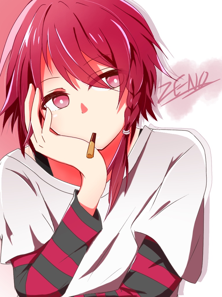 1boy asebi_rei black_sleeves black_tank_top braid copyright_name facing_viewer food food_in_mouth grey_background grey_shirt head_rest looking_to_the_side male_focus multicolored_background multicolored_sleeves pocky pocky_in_mouth red_background red_eyes red_sleeves redhead shirt short_hair solo striped_sleeves tank_top tsugino_haru zeno_(game)