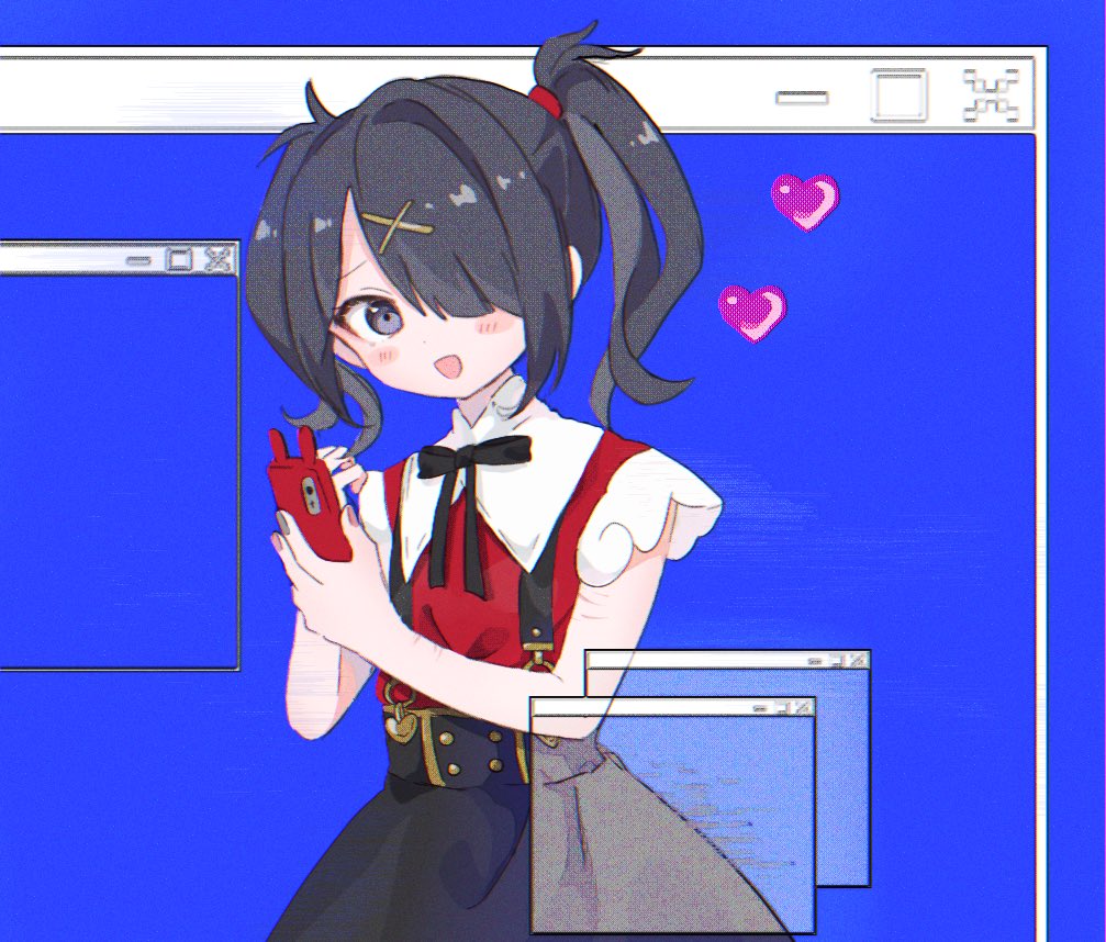 1girl :d ame-chan_(needy_girl_overdose) black_hair black_ribbon black_skirt blue_background collared_shirt commentary cowboy_shot hair_ornament hair_over_one_eye hands_up heart holding holding_phone kabe_(zp66104) long_hair looking_at_viewer neck_ribbon needy_girl_overdose open_mouth phone red_shirt ribbon shirt skirt smile solo standing suspender_skirt suspenders symbol-only_commentary twintails window_(computing) x_hair_ornament