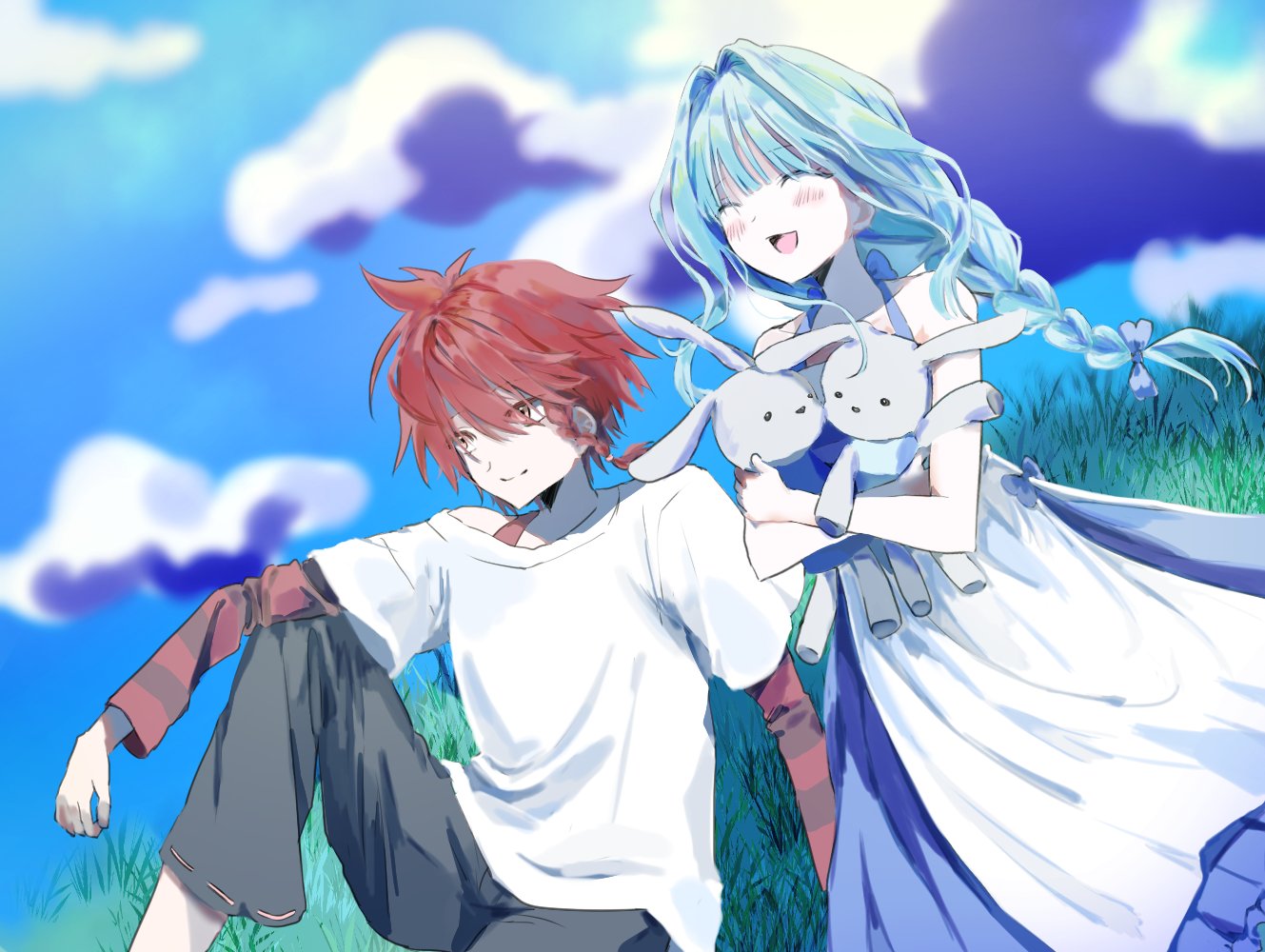 1boy 1girl aqua_hair blue_bow blue_sky blush bow braid closed_eyes closed_mouth clouds cloudy_sky dress grass grey_shorts haep0912 holding holding_stuffed_toy long_hair looking_to_the_side maeno_aki open_mouth red_eyes red_sleeves red_tank_top redhead shirt short_hair shorts sitting sky striped_sleeves stuffed_animal stuffed_rabbit stuffed_toy tank_top ushirono_natsu white_dress white_shirt zeno_(game)