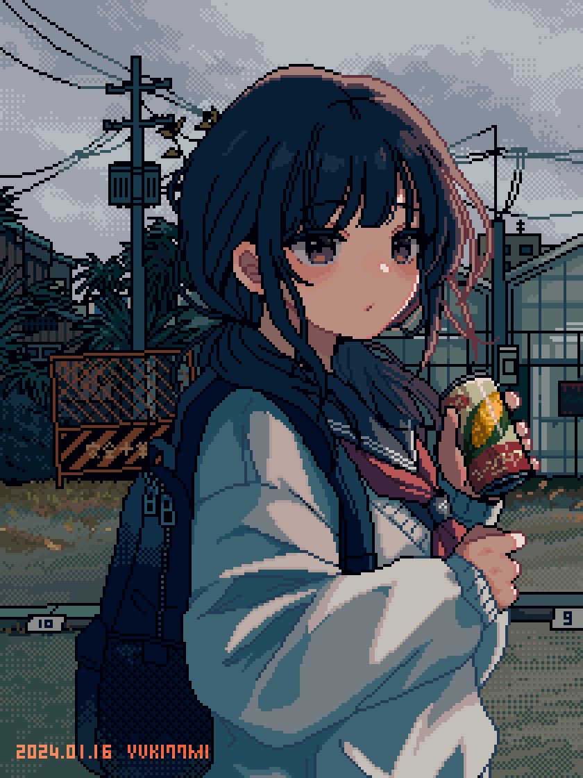 1girl backpack bag black_bag black_hair brown_eyes building bush can closed_mouth dated dithering dot_nose holding holding_can lamppost long_hair low_twintails nanami_yuki_(yuki77mi) neckerchief original outdoors pixel_art plant red_neckerchief sailor_collar shirt standing traffic_barrier twintails upper_body white_shirt