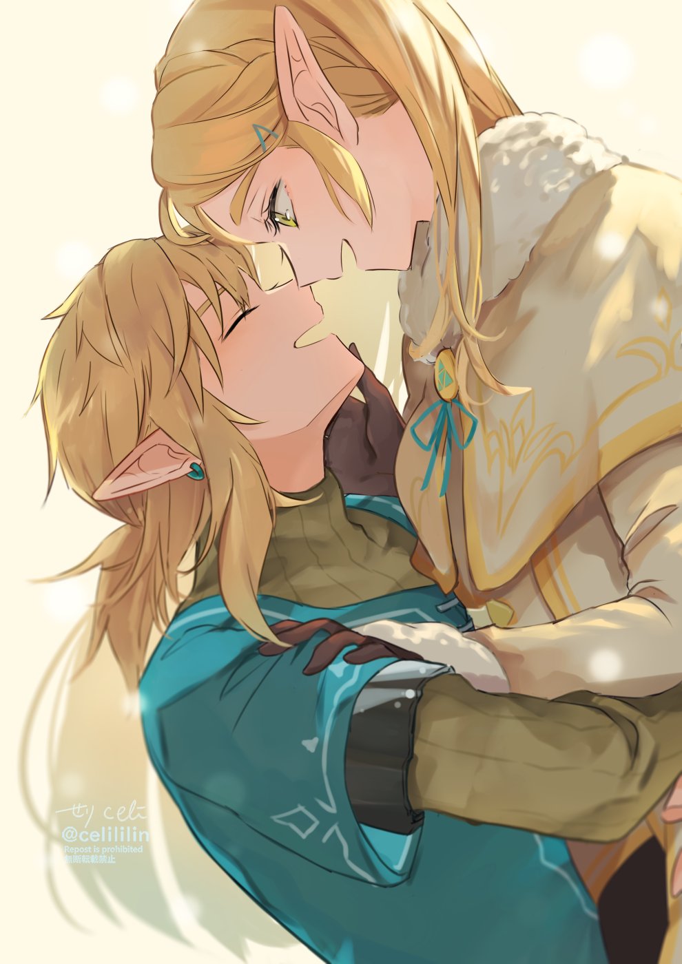 1boy 1girl adapted_costume blonde_hair blush couple earrings eye_contact face-to-face happy highres imminent_kiss jewelry light_smile link long_hair looking_at_another open_mouth pointy_ears ponytail princess_zelda seri_(yuukasakura) sidelocks smile the_legend_of_zelda the_legend_of_zelda:_breath_of_the_wild