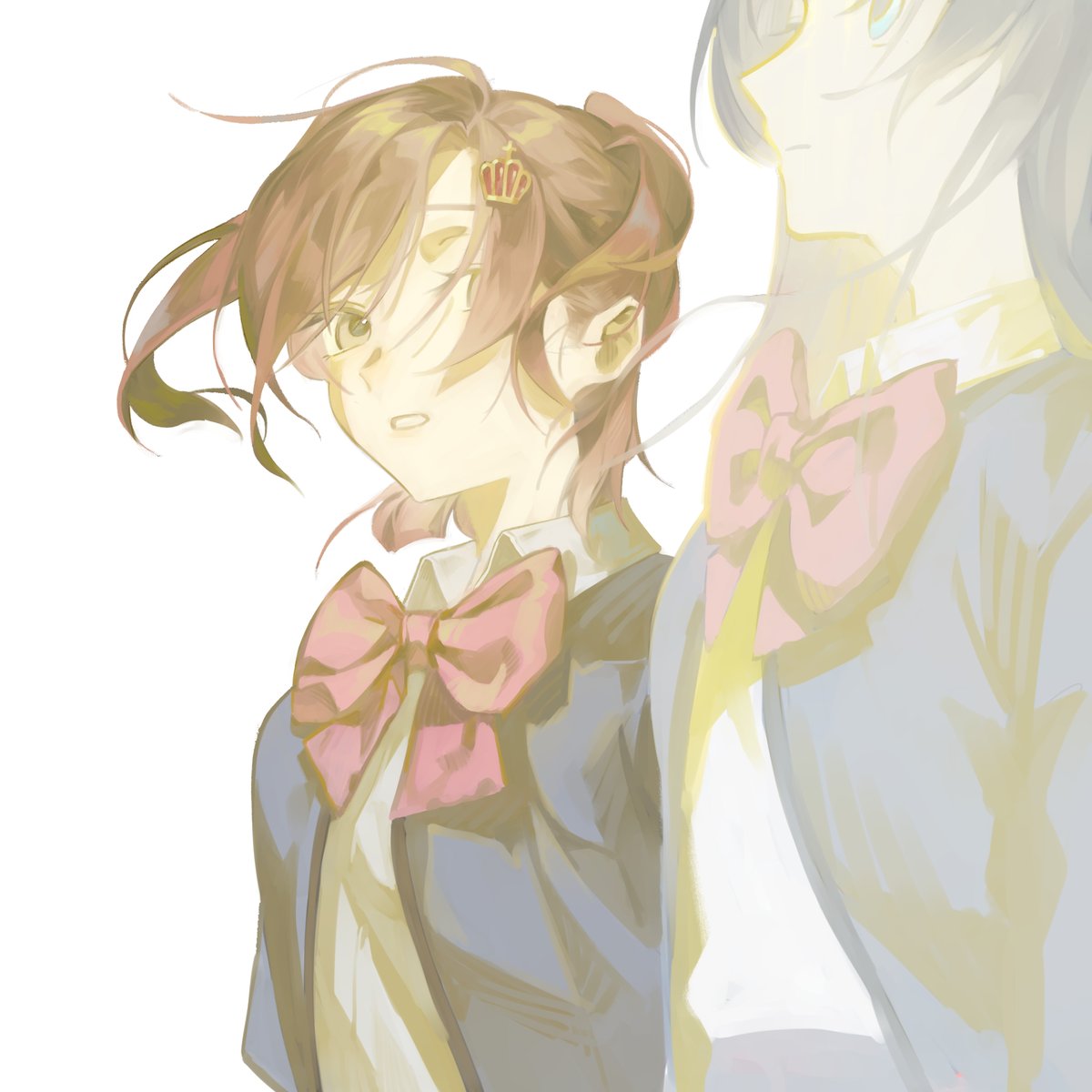 2girls aijou_karen arms_at_sides blue_eyes bow bowtie brown_eyes brown_hair closed_mouth collared_shirt crown_hair_ornament ellie_niunai_zhuyi_zhe floating_hair from_side grey_jacket hair_between_eyes hair_ornament hair_over_one_eye hairclip highres jacket kagura_hikari long_hair long_sleeves looking_ahead looking_at_another looking_to_the_side multiple_girls open_clothes open_jacket parted_lips profile red_bow red_bowtie school_uniform seishou_music_academy_uniform shirt short_hair shoujo_kageki_revue_starlight simple_background two_side_up upper_body white_background white_shirt