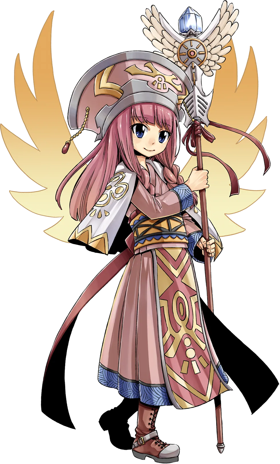 1girl blue_eyes boots brown_footwear dress full_body gate_of_nightmares hat highres holding holding_polearm holding_weapon long_hair lumina_(gate_of_nightmares) mashima_hiro official_art orange_wings pink_dress pink_hair polearm simple_background solo tachi-e transparent_background weapon
