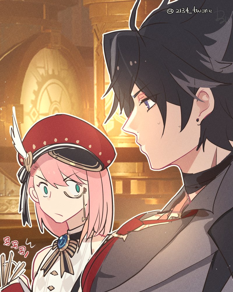 1boy 1girl 2134twone :/ black_hair charlotte_(genshin_impact) closed_mouth earrings game_screenshot_background genshin_impact girl_staring_at_guys_chest_(meme) height_difference jewelry looking_at_another looking_at_pectorals meme monocle parody pectoral_envy_(meme) pink_hair prison red_headwear sweatdrop twitter_username upper_body v-shaped_eyebrows wriothesley_(genshin_impact) writing