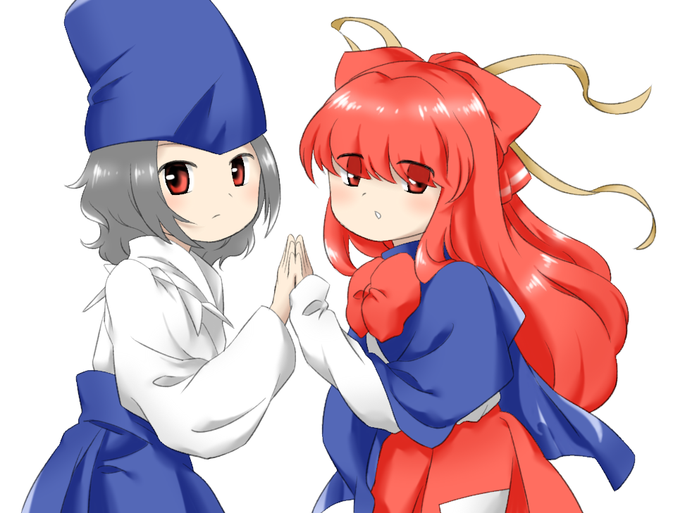 1boy 1girl blue_cape blue_headwear bow bowtie brown_horns cape eyes_visible_through_hair grey_hair hair_bow hat horns long_hair long_sleeves multiple_horns nonamejd official_style red_bow red_bowtie red_eyes redhead shingyoku_(female) shingyoku_(male) shingyoku_(touhou) short_hair simple_background tate_eboshi touhou touhou_(pc-98) white_background zun_(style)