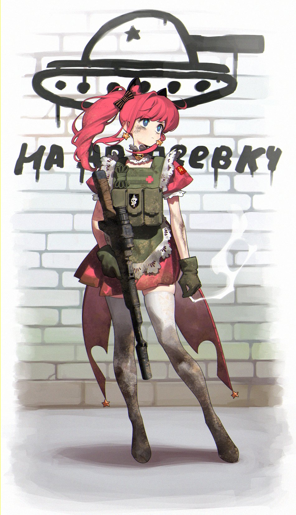 1girl abbystea blue_eyes brick_wall cigarette dirty dirty_clothes dirty_face dragunov_svd dress frills gloves graffiti green_gloves gun hair_ribbon highres holding holding_cigarette holding_gun holding_weapon load_bearing_vest looking_afar original ponytail red_dress redhead ribbon rifle russian_commentary sidelocks smoke sniper_rifle solo soviet_flag star-shaped_pupils star_(symbol) symbol-shaped_pupils thigh-highs translation_request weapon white_thighhighs