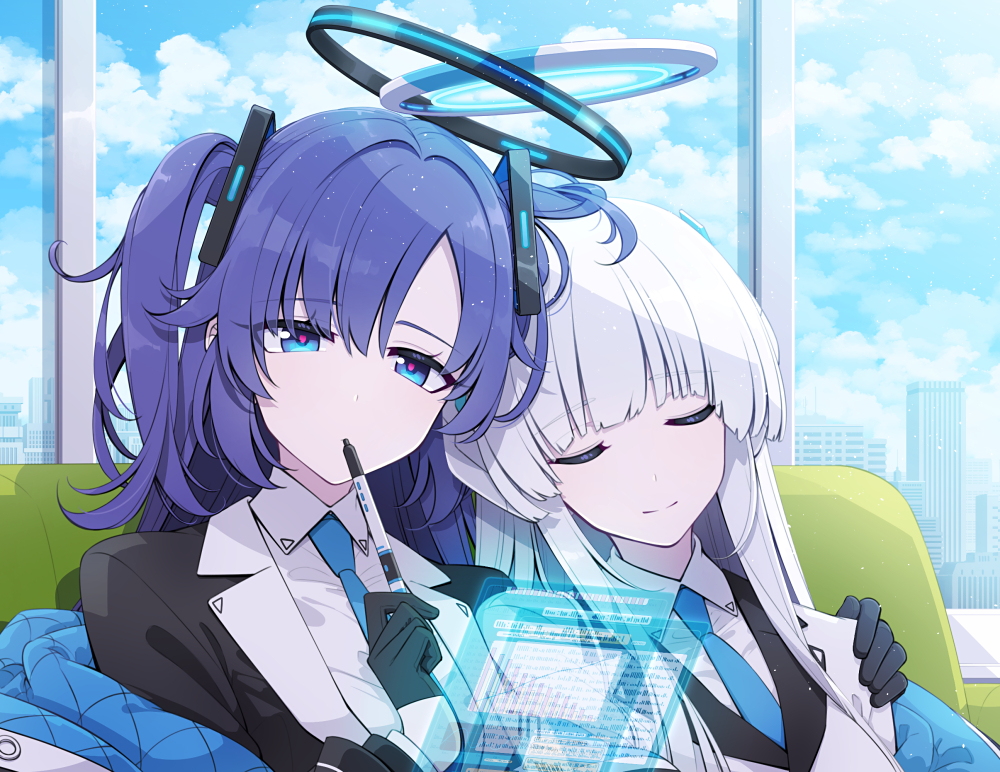 2girls black_gloves blue_archive blue_eyes blue_necktie closed_eyes closed_mouth collared_shirt gloves grey_hair halo holding holding_pen indoors long_hair long_sleeves looking_at_viewer mechanical_halo multiple_girls necktie noa_(blue_archive) pen purple_hair sakuraba_yuuki shirt smile suit two_side_up upper_body white_shirt yuuka_(blue_archive)