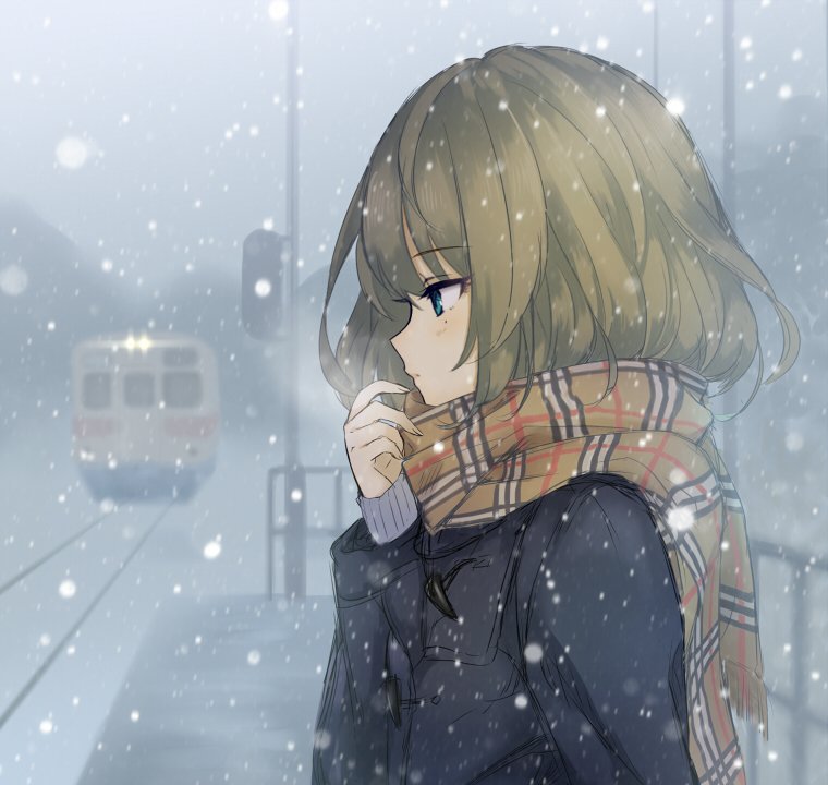 1girl blue_coat blurry blurry_background blush brown_scarf closed_mouth clouds cloudy_sky coat from_side green_eyes green_hair hand_up idolmaster idolmaster_cinderella_girls idolmaster_cinderella_girls_starlight_stage long_sleeves looking_at_another mole mole_under_eye outdoors plaid plaid_scarf q-v_(levia) railroad_signal railroad_tracks scarf short_hair sky snowing solo takagaki_kaede train train_station train_station_platform