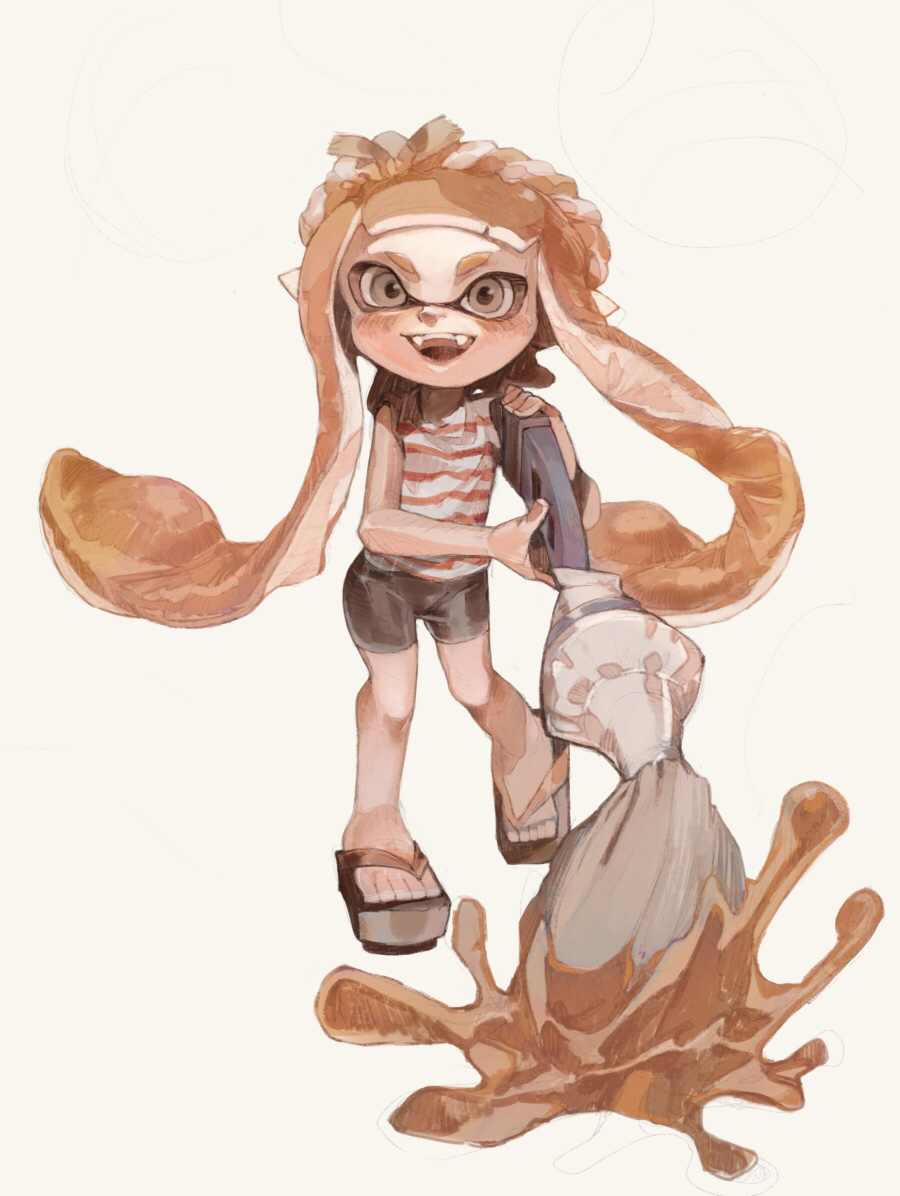 1girl bike_shorts brown_eyes brown_hair commentary_request holding holding_weapon inkbrush_(splatoon) inkling inkling_girl long_hair open_mouth panchicchi_(pixiv_101958735) pointy_ears sandals shirt simple_background smile solo splatoon_(series) splatoon_3 standing standing_on_one_leg striped_clothes striped_shirt teeth tentacle_hair upper_teeth_only weapon white_background