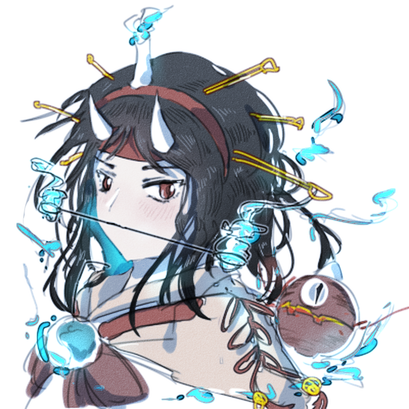 1other androgynous black_hair blue_fire brown_kimono burabura candle_on_head fire hairband headband horns japanese_clothes kimono len'en medium_hair mouth_hold multiple_hairpins other_focus portrait proton-bonfire red_eyes red_hairband red_headband taira_no_chouki white_horns