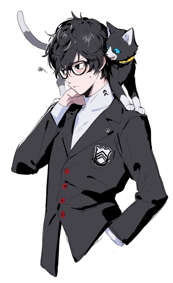 1boy amamiya_ren animal_on_shoulder black_cat black_eyes black_hair black_jacket cat cat_on_shoulder closed_mouth cropped_torso glasses hair_between_eyes jacket long_sleeves male_focus morgana_(persona_5) mty_mmm persona persona_5 school_uniform shuujin_academy_school_uniform simple_background spoken_squiggle squiggle sweat upper_body white_background