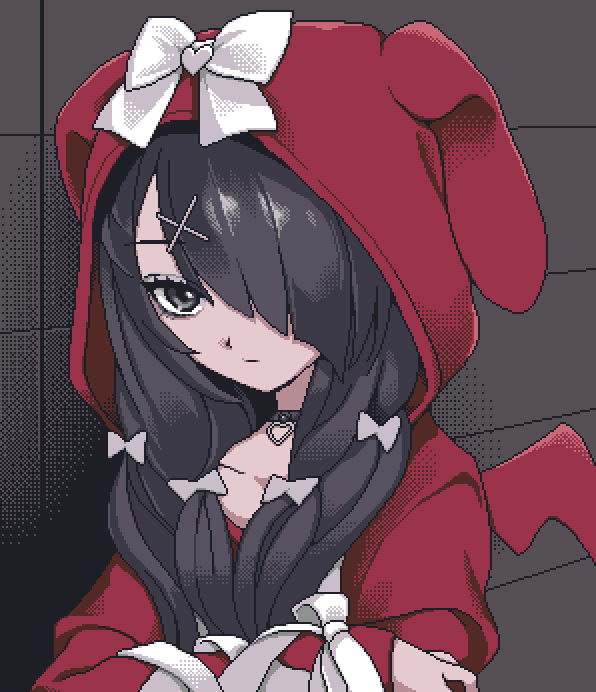 1girl ame-chan_(needy_girl_overdose) animal_hood black_choker black_eyes black_hair bow choker closed_mouth eencya fake_wings grey_background hair_bow hair_down hair_ornament hair_over_one_eye hairclip heart heart_choker hood hood_up hoodie long_hair long_sleeves looking_at_viewer needy_girl_overdose official_alternate_costume official_art pixel_art rabbit_hood red_hoodie ribbon second-party_source solo upper_body white_bow wings x_hair_ornament