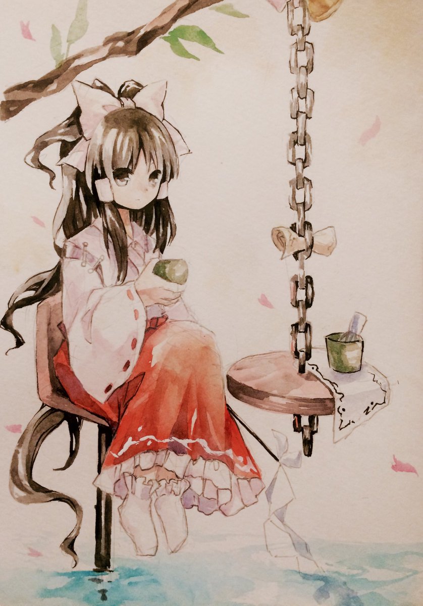 1girl black_eyes black_hair closed_mouth commentary_request cup detached_sleeves expressionless frilled_skirt frilled_socks frills hair_ribbon hair_tubes hakurei_reimu highres holding holding_cup japanese_clothes kaigen_1025 kimono long_hair long_skirt no_shoes on_chair painting_(medium) portrait_of_exotic_girls red_skirt ribbon ribbon-trimmed_sleeves ribbon_trim sitting skirt sleeveless sleeveless_kimono socks solo touhou traditional_media watercolor_(medium) white_kimono white_ribbon white_sleeves white_socks