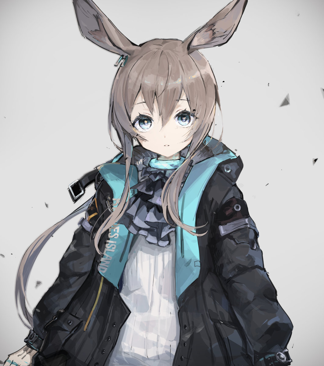 1girl amiya_(arknights) animal_ears arknights ascot black_jacket blue_ascot blue_collar blue_eyes brown_hair collar commentary_request double-parted_bangs frilled_ascot frills hair_between_eyes highres hood hooded_jacket infection_monitor_(arknights) jacket jewelry kinutani_yutaka long_hair long_sleeves looking_at_viewer neck_ring open_clothes open_mouth rabbit_ears rabbit_girl rhodes_island_logo_(arknights) shirt solo white_shirt
