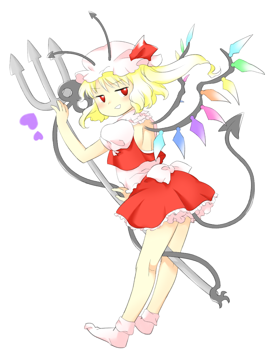 1girl :d antennae back_bow back_cutout blonde_hair bobby_socks bow clothing_cutout demon_tail flandre_scarlet full_body grey_tail hat hat_ribbon heart highres kneepits laevatein_(touhou) long_hair miniskirt mob_cap nonamejd official_style polearm puffy_short_sleeves puffy_sleeves red_eyes red_ribbon red_skirt red_vest ribbon shirt short_sleeves side_ponytail simple_background skirt skirt_set smile socks solo tail tail_raised touhou trident vest weapon white_background white_bow white_headwear white_shirt white_socks wings zun_(style)