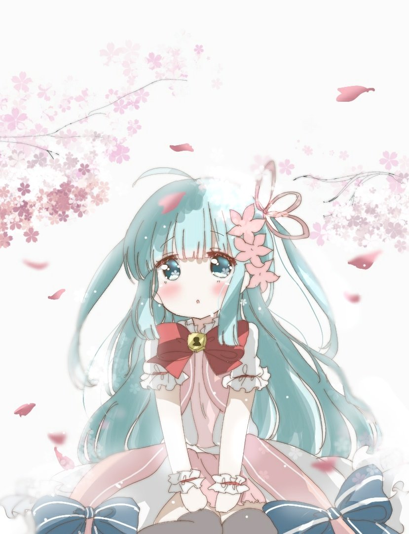 1girl ahoge alternate_costume black_thighhighs blue_eyes blue_hair blunt_bangs bow bowtie cherry_blossoms clea_(kirara_fantasia) dress expressionless eyebrows_hidden_by_hair falling_petals flower frills fuio hair_flower hair_ornament hands_on_own_knees keyhole kirara_fantasia long_hair looking_at_viewer open_mouth own_hands_together petals red_bow ribbon shirt short_sleeves simple_background sitting solo thigh-highs two_side_up v_arms very_long_hair wariza white_shirt