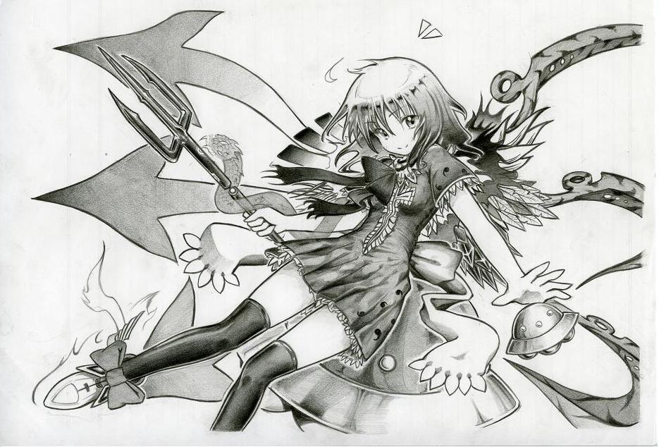 1girl asymmetrical_wings bow bowtie breasts closed_mouth commentary_request dress feathers foot_out_of_frame footwear_bow frilled_dress frills graphite_(medium) greyscale hair_between_eyes hiddenn holding holding_polearm holding_weapon houjuu_nue looking_at_viewer medium_bangs monochrome polearm shoes short_hair short_sleeves simple_background small_breasts smile snake solo split_mouth thigh-highs touhou traditional_media trident ufo weapon wings