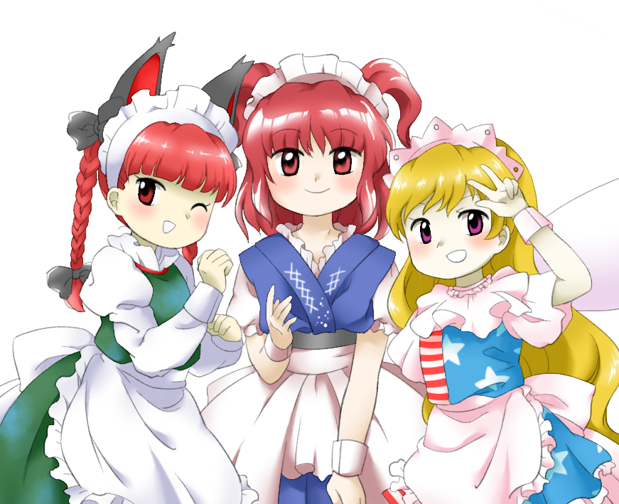 3girls :d ;d american_flag american_flag_dress american_flag_print animal_ears apron arm_up back_bow black_bow blonde_hair blue_kimono bow braid cat_ears cat_girl closed_mouth clownpiece dress extra_ears fairy fairy_wings flag_print green_dress hair_bow hands_up japanese_clothes kaenbyou_rin kimono long_hair looking_at_viewer maid_apron maid_headdress multiple_girls nonamejd official_style one_eye_closed onozuka_komachi red_eyes redhead simple_background smile touhou twin_braids two_side_up violet_eyes waist_apron white_apron white_background white_bow white_wings white_wrist_cuffs wings zun_(style)