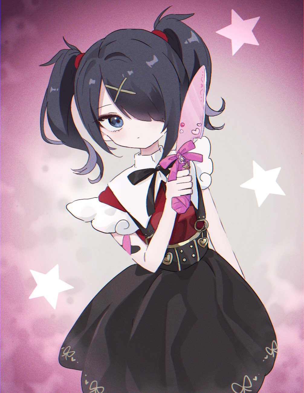 1girl ame-chan_(needy_girl_overdose) black_hair black_ribbon black_skirt collared_shirt commentary cowboy_shot hair_ornament hair_over_one_eye hand_up highres holding holding_knife kabe_(zp66104) knife long_hair looking_at_viewer neck_ribbon needy_girl_overdose pink_background pink_ribbon red_shirt ribbon shirt skirt solo standing star_(symbol) suspender_skirt suspenders symbol-only_commentary twintails x_hair_ornament