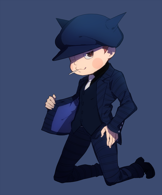 1boy ;3 adapted_costume alternate_costume animal_ear_headwear animal_ears black_footwear blue_background blue_headwear blue_jacket blue_pants blue_sleeves blue_suit blush_stickers brown_hair buttons cabbie_hat cat_ears cigarette closed_mouth clothes_grab coattails collared_jacket commentary_request danganronpa_(series) danganronpa_v3:_killing_harmony diagonal-striped_jacket diagonal-striped_sleeves fake_animal_ears fingernails full_body grey_eyes half-closed_eye hand_on_own_hip hat holding holding_cigarette hoshi_ryoma jacket jacket_grab kneeling kogarashi_8 long_sleeves male_focus mouth_hold one_eye_closed open_clothes open_jacket pants partial_commentary shoes short_hair simple_background smile solo striped_clothes striped_jacket striped_pants striped_sleeves suit two-sided_fabric two-sided_jacket very_short_hair