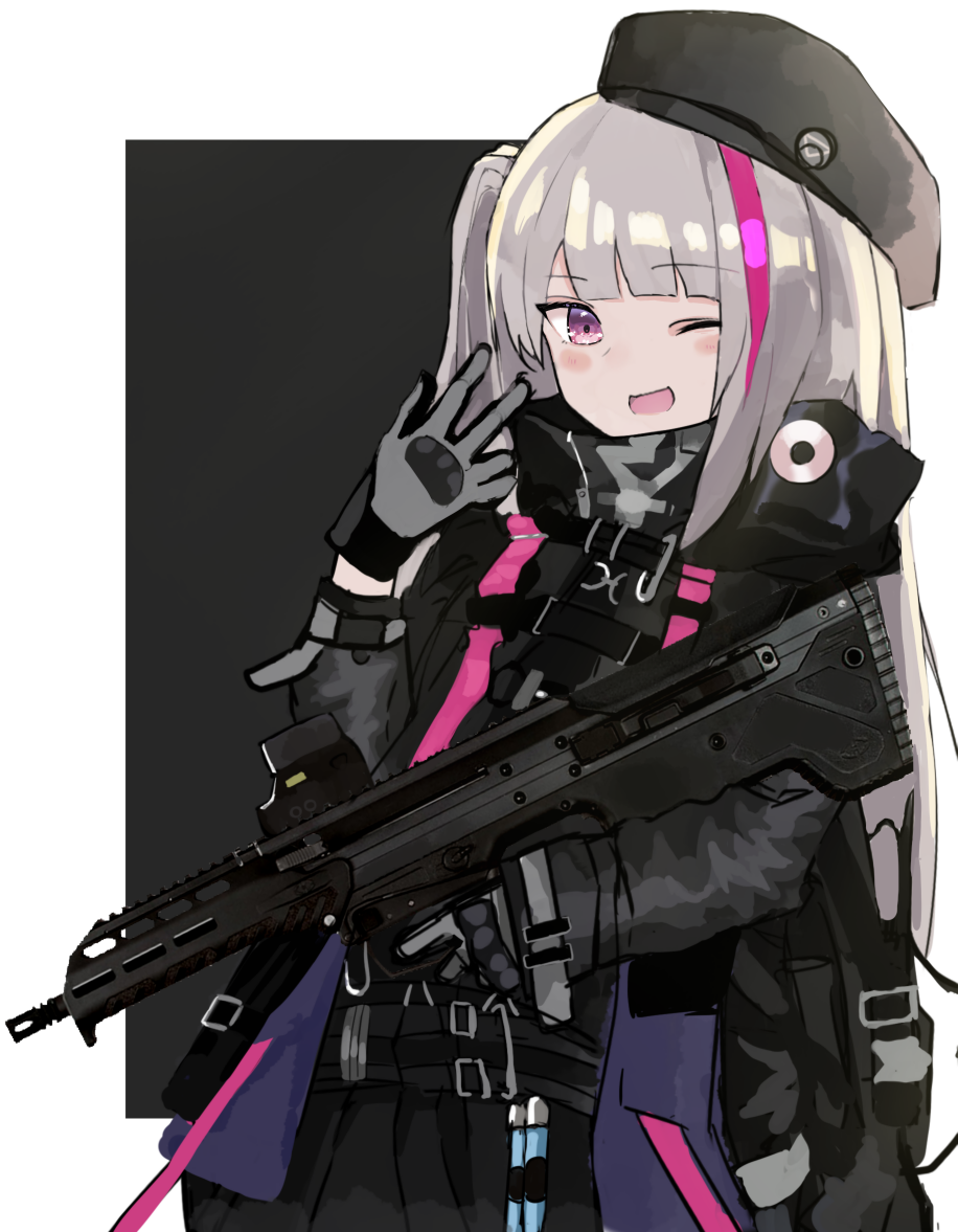 1girl beret black_headwear desert_tech_mdr girls_frontline gloves grey_gloves grey_hair gun hat holding holding_gun holding_weapon jacket long_hair looking_at_viewer mdr_(girls'_frontline) multicolored_hair one_eye_closed open_mouth pink_eyes pink_hair poyason smile solo streaked_hair tactical_clothes weapon