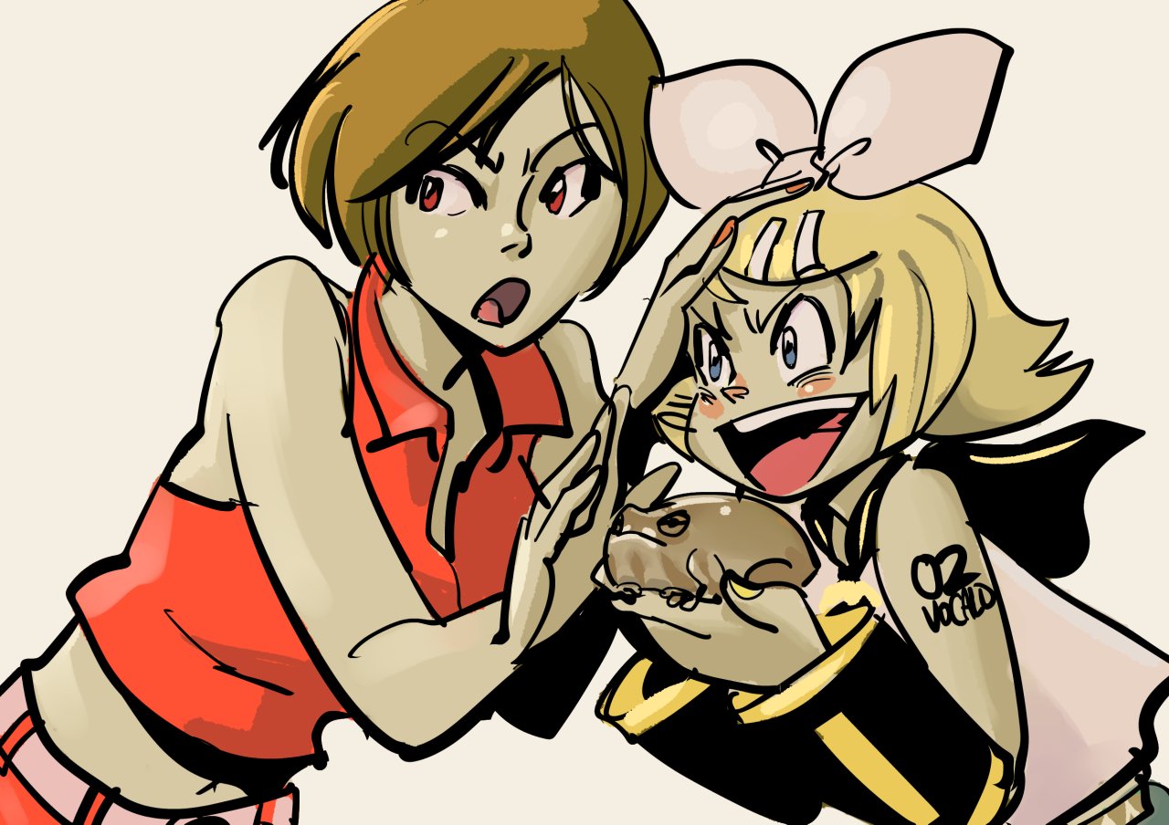 2girls animal arm_tattoo belt black_sailor_collar blonde_hair blue_eyes blush blush_stickers brown_hair collared_shirt crop_top detached_sleeves frog hair_ornament hairclip hand_on_another's_head holding holding_animal kagamine_rin looking_to_the_side meiko_(vocaloid) midriff multiple_girls nippori_honsha nose_blush pink_belt red_eyes red_nails red_shirt sailor_collar shirt short_hair sleeveless sleeveless_shirt tattoo teeth triangle_print upper_teeth_only vocaloid white_shirt yellow_belt yellow_nails yellow_trim