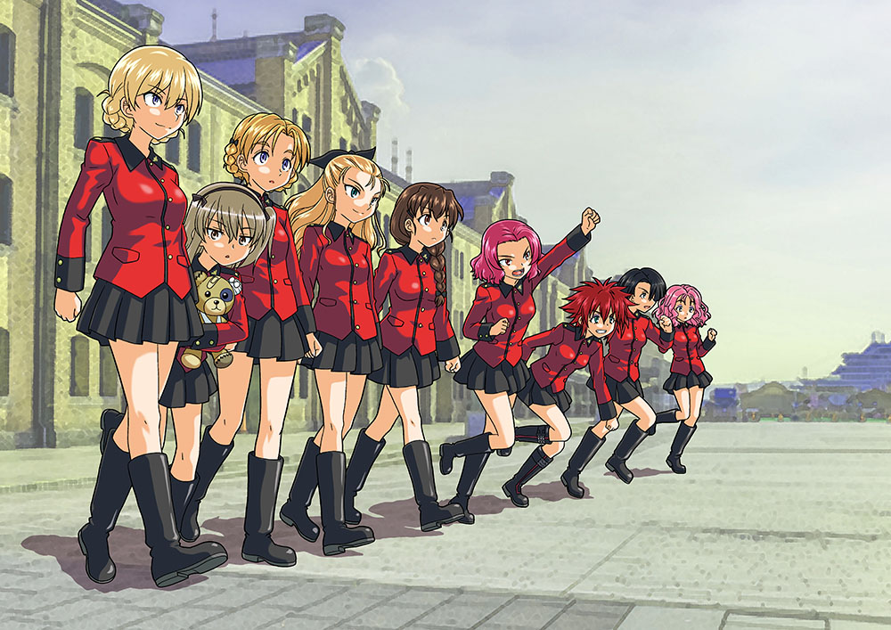 6+girls arm_up assam_(girls_und_panzer) black_footwear black_ribbon black_skirt blonde_hair blue_eyes blue_sky boko_(girls_und_panzer) boots braid braided_ponytail brown_eyes brown_hair building closed_mouth commentary cranberry_(girls_und_panzer) darjeeling_(girls_und_panzer) day frown girls_und_panzer grin hair_over_one_eye hair_over_shoulder hair_pulled_back hair_ribbon hakama holding holding_stuffed_toy jacket japanese_clothes knee_boots leaning_forward leg_up light_brown_hair long_hair long_sleeves looking_at_viewer looking_to_the_side makeup mascara medium_hair military_uniform miniskirt muichimon multiple_girls one_side_up orange_hair orange_pekoe_(girls_und_panzer) outdoors parted_lips peach_(girls_und_panzer) pink_hair pleated_skirt raised_fist red_hakama red_jacket redhead ribbon rosehip_(girls_und_panzer) rukuriri_(girls_und_panzer) shadow shimada_arisu short_hair single_braid skirt sky smile spiky_hair spoilers st._gloriana's_military_uniform standing stuffed_animal stuffed_toy teddy_bear twin_braids uniform vanilla_(girls_und_panzer) walking