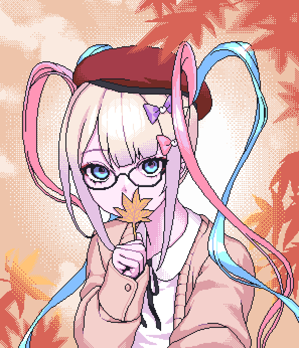 1girl autumn_leaves beret blue_eyes blue_hair chouzetsusaikawa_tenshi-chan covered_mouth eencya glasses hat jacket long_hair long_sleeves looking_at_viewer multicolored_hair needy_girl_overdose official_art pink_hair pixel_art quad_tails second-party_source shirt solo twintails white_shirt