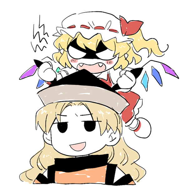 2girls angry black_eyes black_headwear blonde_hair blush crystal detached_sleeves fangs flandre_scarlet flying hat hat_ribbon long_hair matara_okina mob_cap multicolored_wings multiple_girls one_side_up open_mouth orange_tabard re_ghotion red_vest ribbon shaded_face short_hair side_ponytail simple_background smile tabard touhou vest white_background white_headwear wings